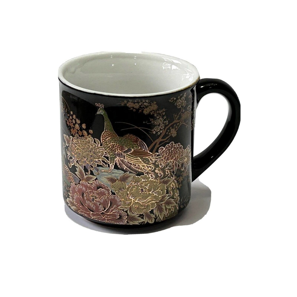 Japanese Ceramic Peacock Mug Hand Decorated Kutani Style Fold‎ and Enamel Mug